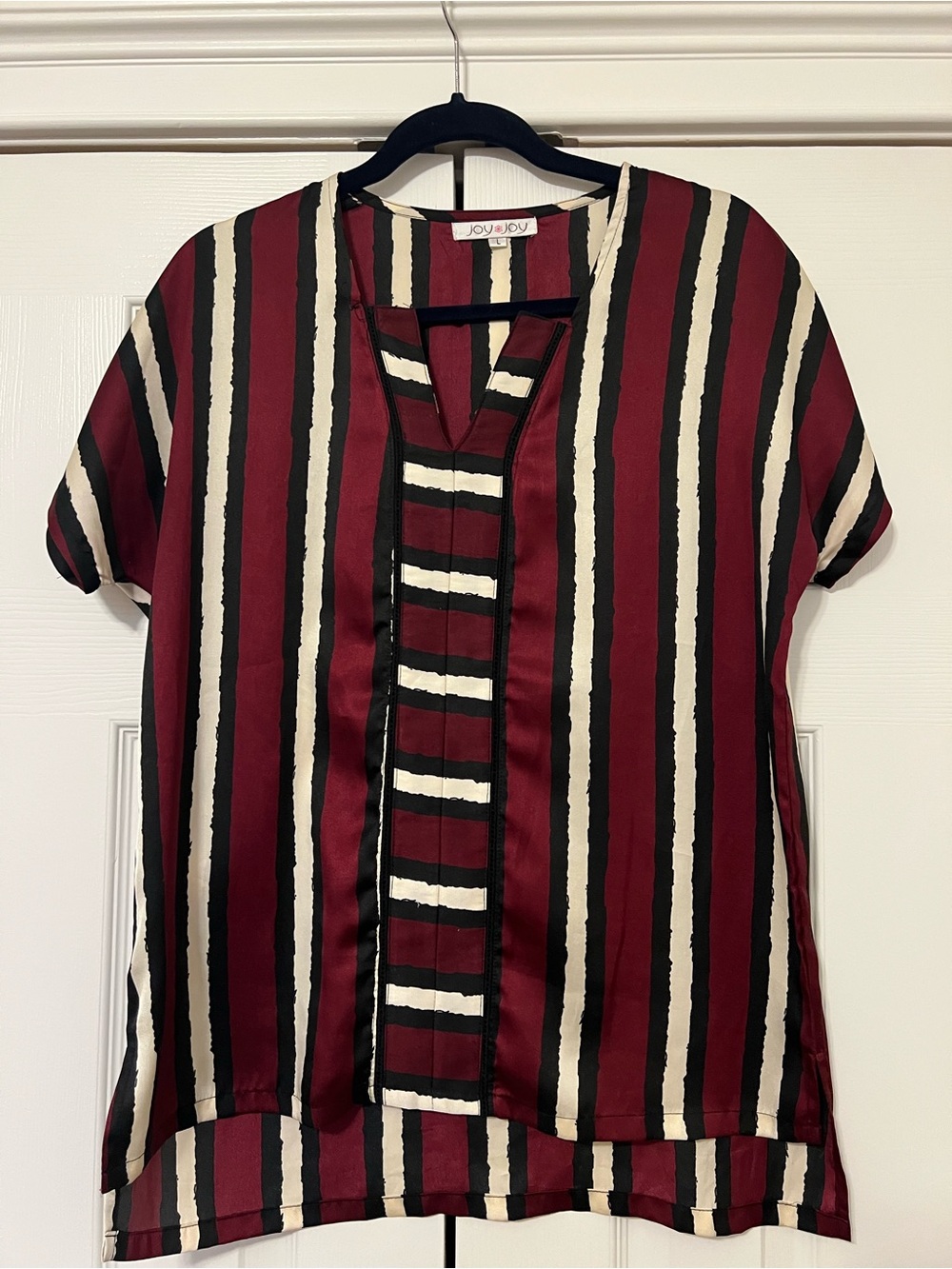 Joy Joy Burgundy Black Cream Vertical Stripe Split-Neck Top
